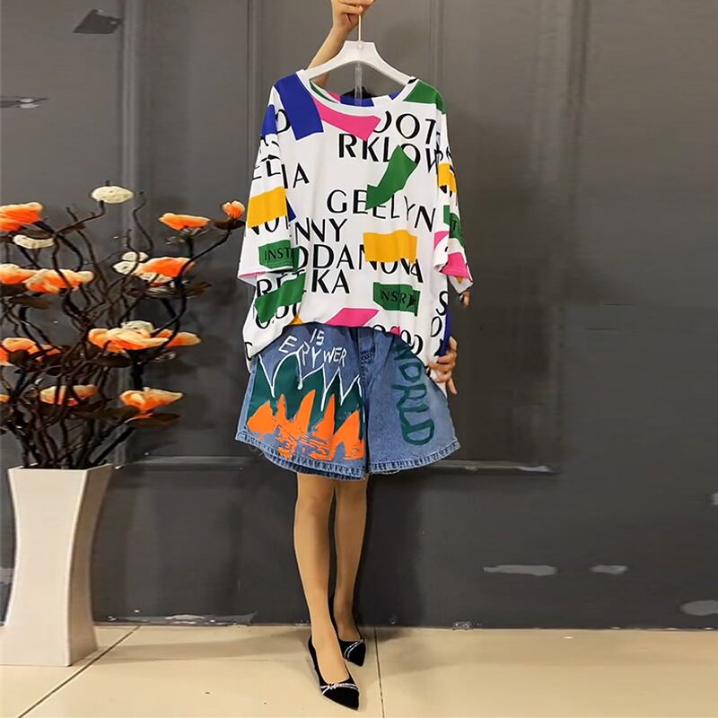 ラウンドネックカラーパターンTシャツ シャツ カジュアル 大きめサイズ Oネック ミックスインファッション51745406643