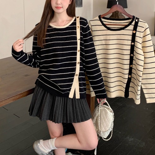 2色／サイドボタンボーダーニットトップス ・73003