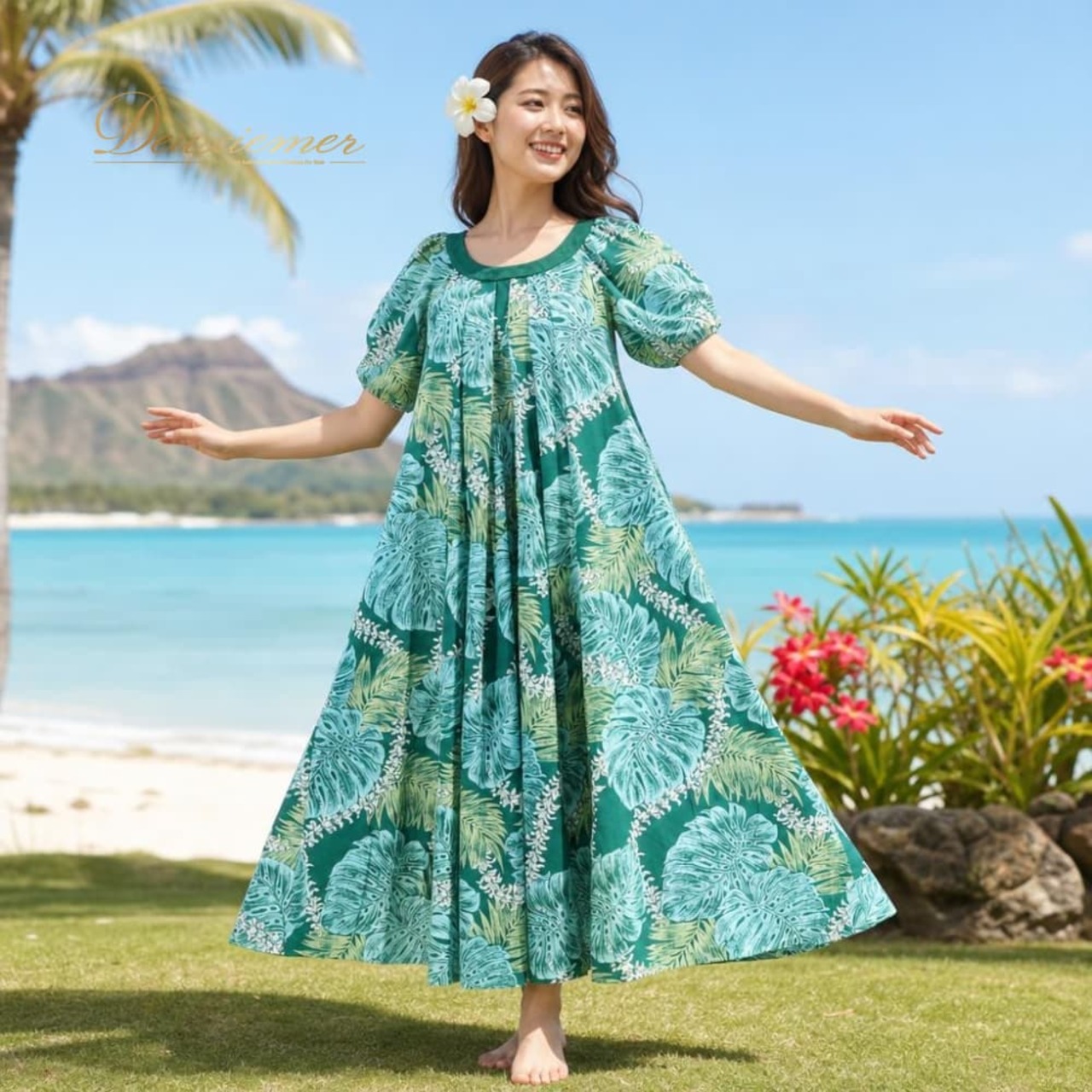 フラダンス 衣装 MermaidLine MMJ マーメイドライン エムエムジェイ ワンピース ドレス グリーン系 日本製 ベロア モンステラ柄 ポケット 華やか 鮮やか 明るい 爽やか 緑 ハワイアン アロハ ハワイアンプリント フラ ダンス レッスン 練習