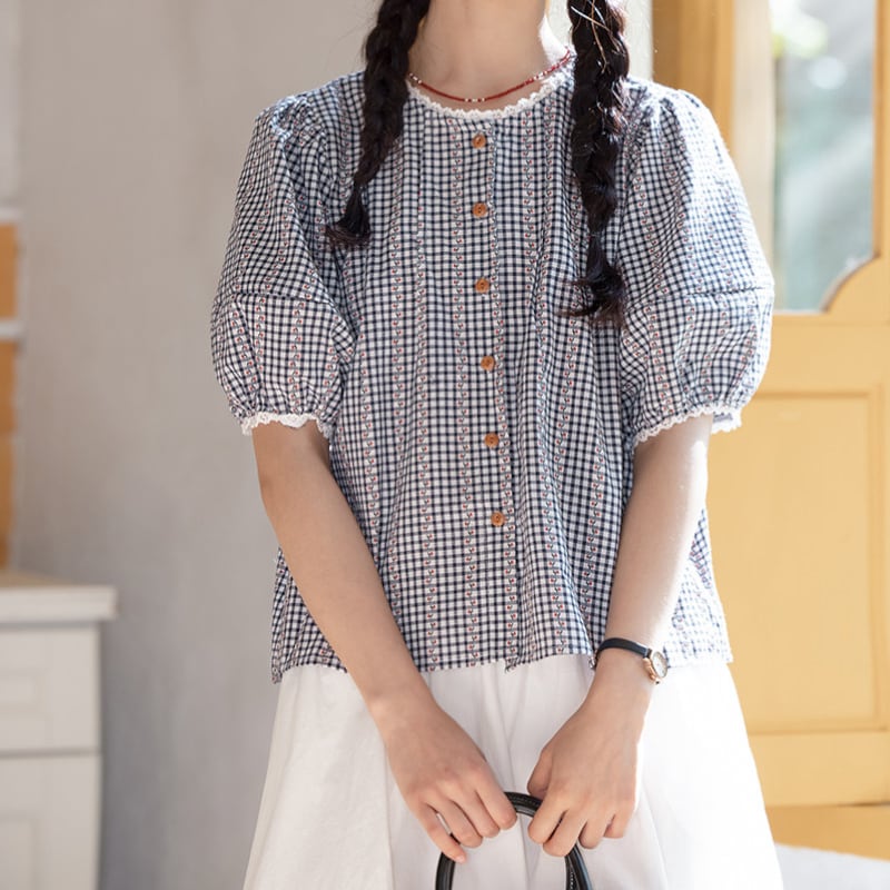 ギンガムチェックドット刺繍ブラウス M2243