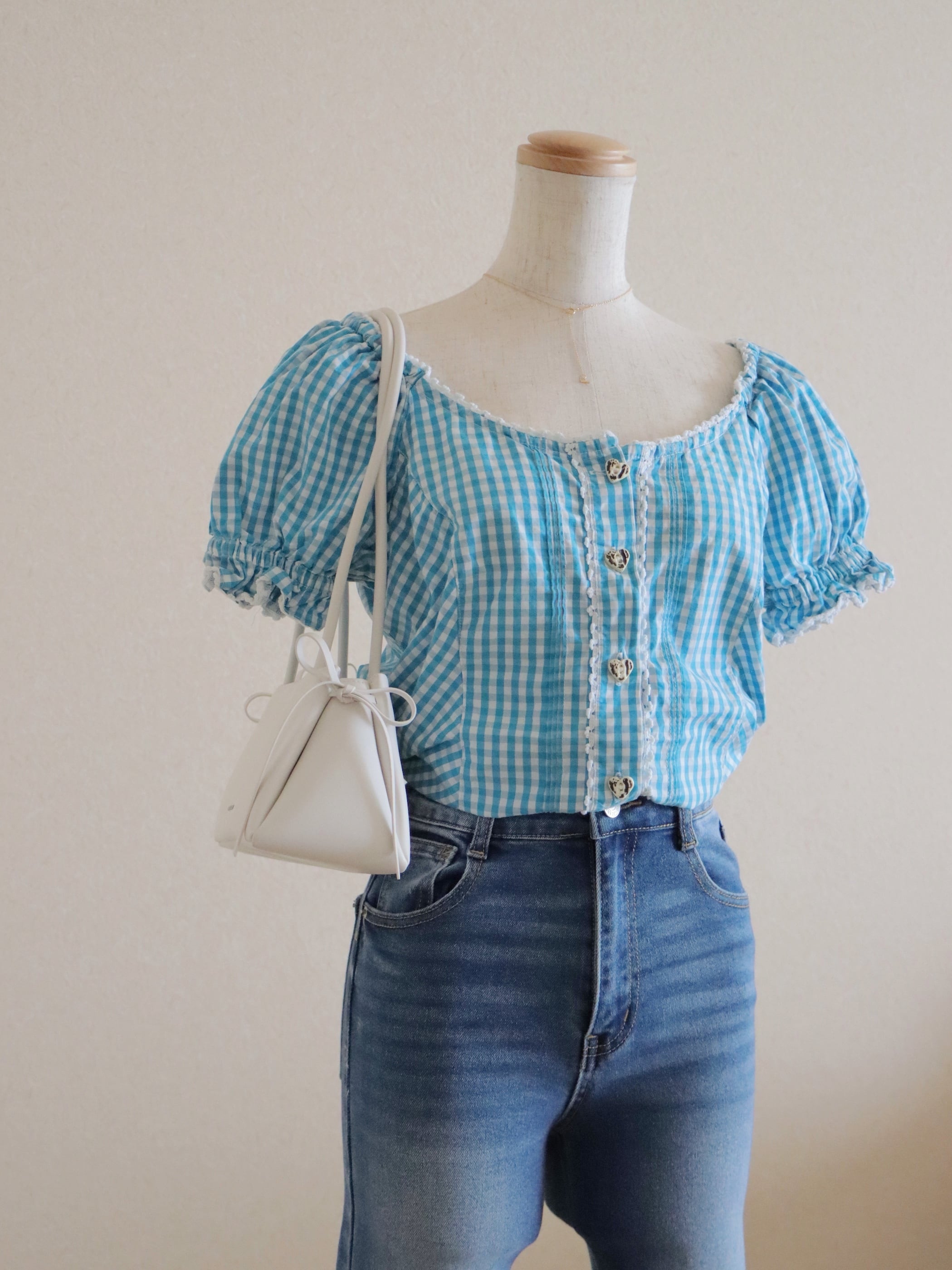 ●blue color gingham plaid lace & heart button design blouse
