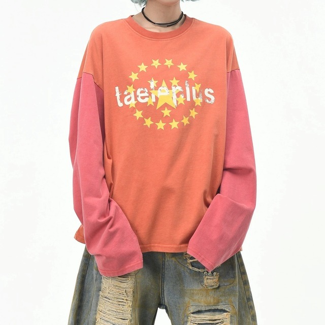 サークルスターカラーブロックウォッシュルーズTシャツ 2col R02634