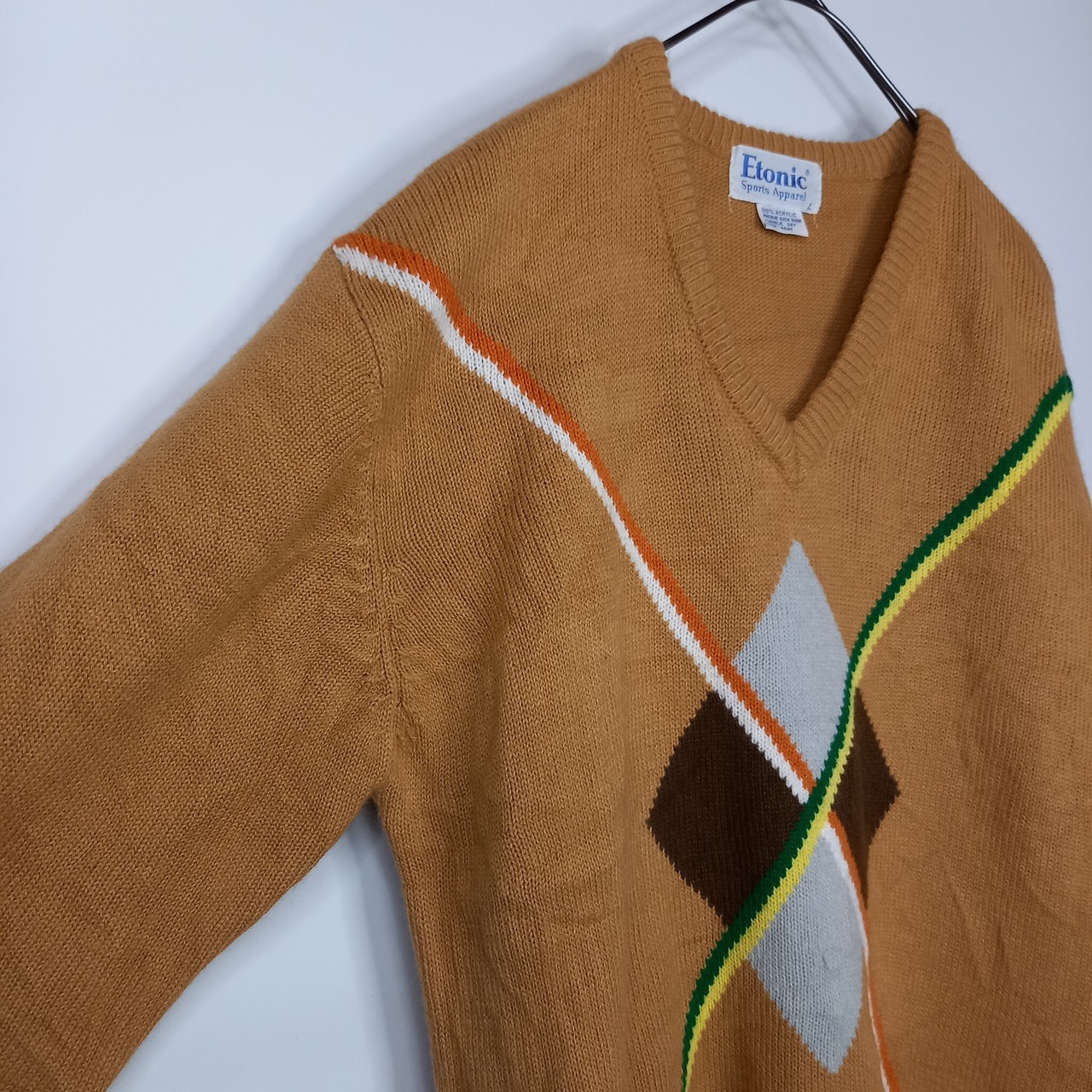 90s　台湾製　Etonic Sports Apparel　Vネック　アクリルニット　セーター　アーガイル　中厚手　ベージュ　L