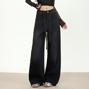 wide-leg washed rhinestone denim pants m1179