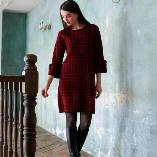 21年秋冬物50 Off スーパービューティー Super Beauty チェック柄七分袖 ニットワンピース レッド M 40 大人かわいい服 Gold Smith