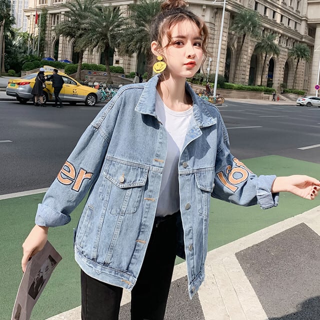 Gジャン レディース デニムジャケット ブルー 色落ち ロゴ かっこいい ストリート カジュアル オーバーシルエット S/M/L/XL