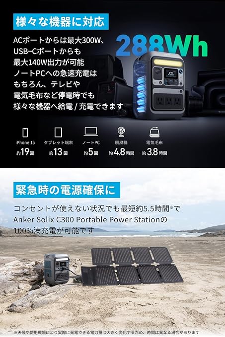 【美品】288Whポータブル電源 & 60Wソーラーパネルセット 288Whポータブル電源 & 60WソーラーパネルセットAnker Solix C300
