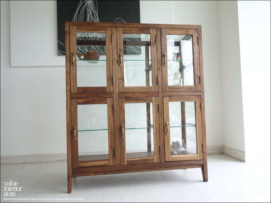 「 U様 御予約商品 」チーク総無垢 ガラスパンケース6枚扉Med ショーケース コレクションケース 陳列棚 店舗什器 ガラスケース 飾り棚 真鍮金物 新品 送料無料