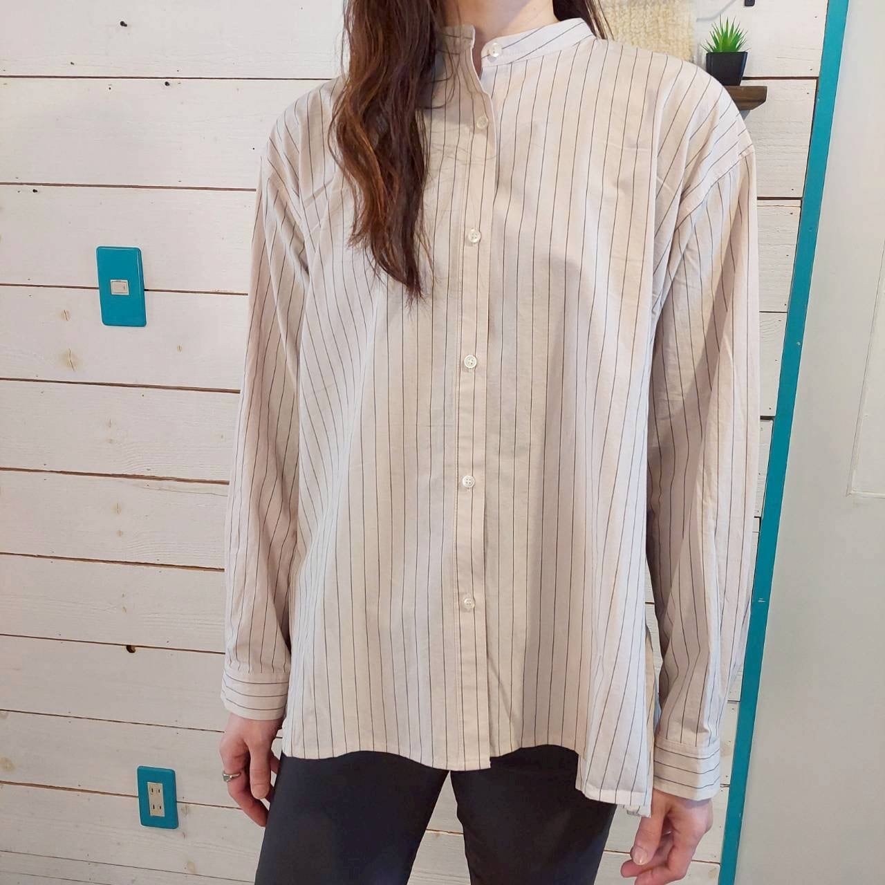 『People's』6009 ブロード&ストライプバックフリルブラウス　コットンブラウス　フリーサイズ