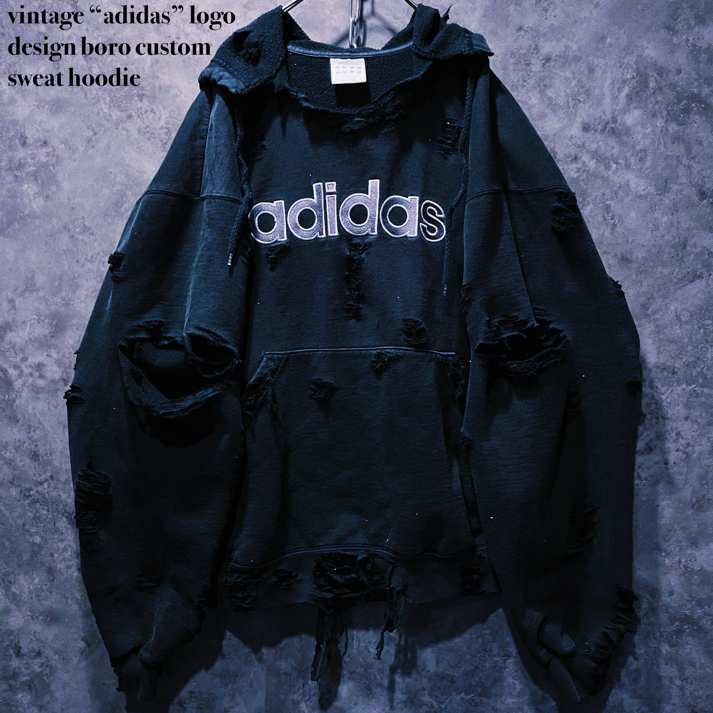 【80sUSA製】アディダス　刺繍ロゴ　ヴィンテージ　ボロ　ダメージフーディー 80sUSA製】アディダス 刺繍ロゴ ヴィンテージ ボロ ダメージフーディー
