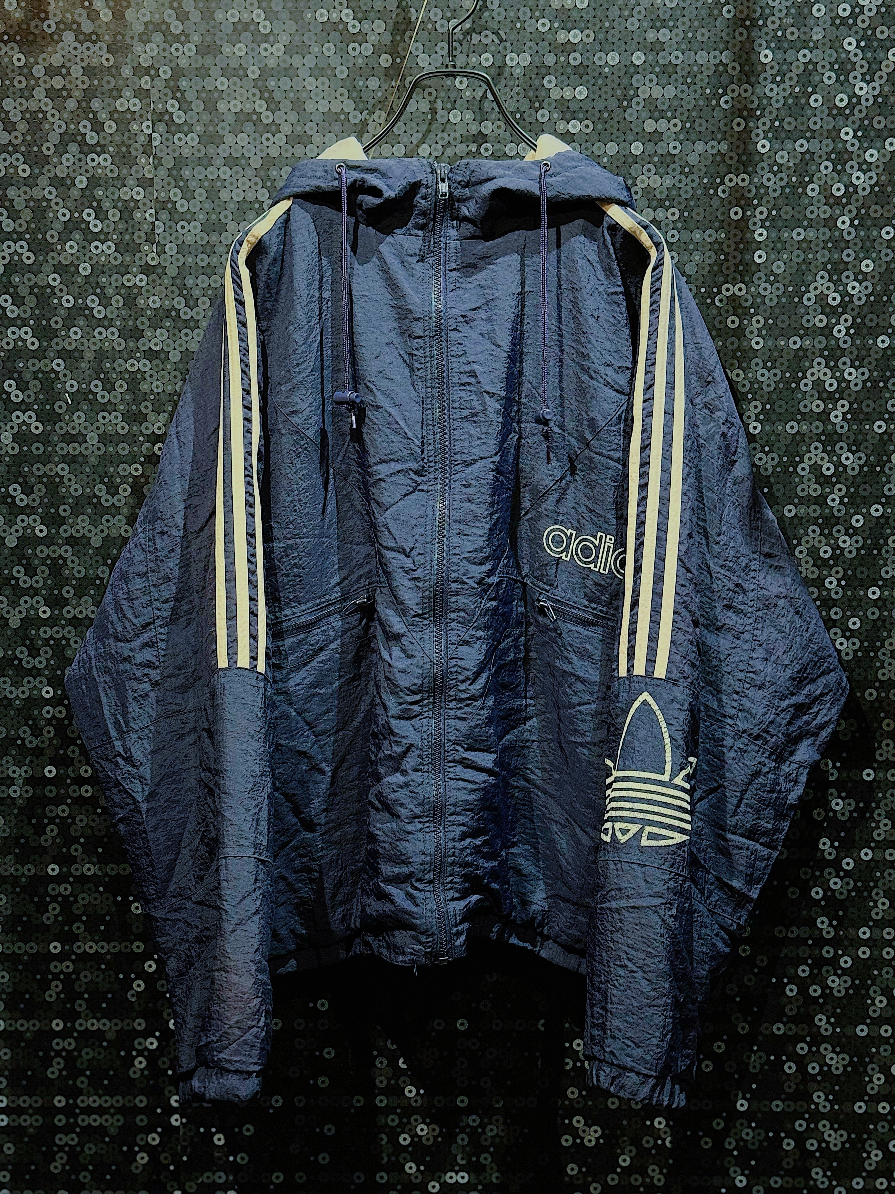 【ÆIEM】"adidas original"90's vintage trefoil logo full zip navy nylon hoodie jacket