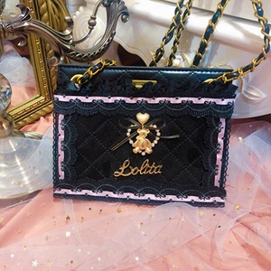✞✝✞ パープルラインが綺麗♥黒ガーリー ハンドバッグ ✞✝✞ゴスロリ SM ミリ 甘ロリ クラロリ 和ロリ エレガント 黒ロリ 姫ロリ 華ロリ DD-DD5861055