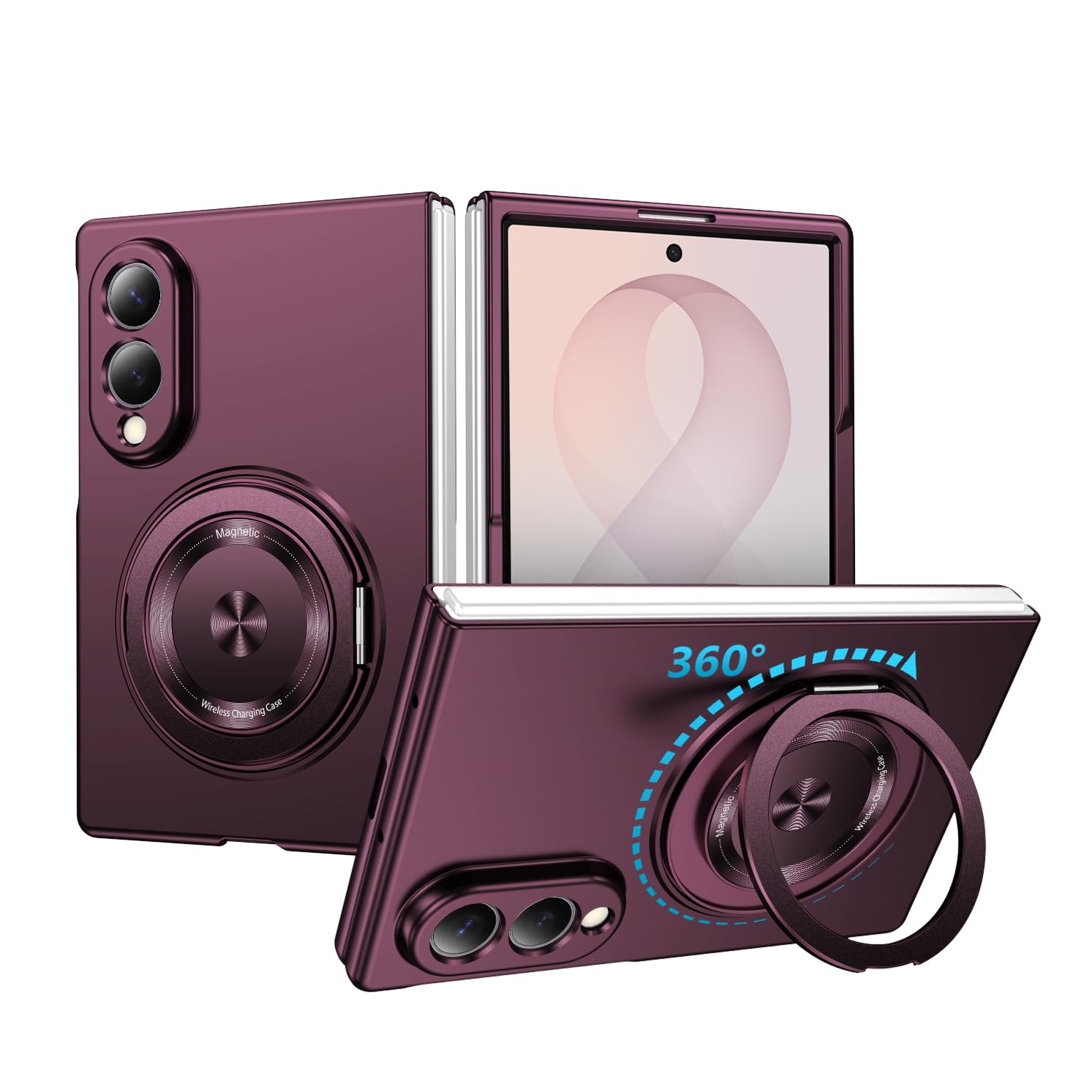 CMYFPOFL 対応 Galaxy Z Fold 8 用の ケース 360°回転スタンド付き MagSafe対応 耐衝撃 ワインレッド