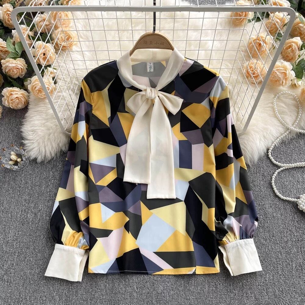 送料無料 ◇ D1255 ホワイト ボウタイ ジオメトリック カフス 長袖 ...