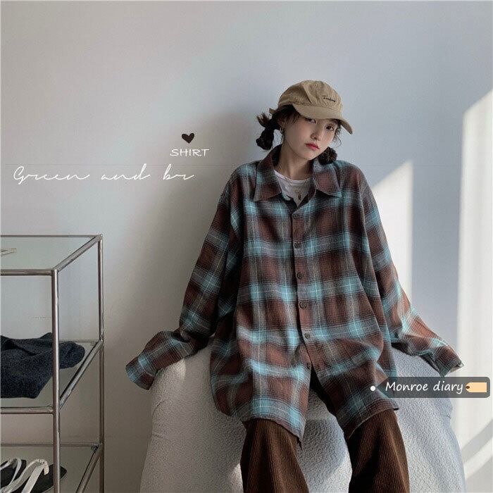 スタンダード格子柄シャツ オータムウィンタージャケット トップス ロング レトロ 秋物 冬物 モンロー40639069384