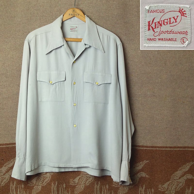50s KINGLY Snap-Down Rayon Gabardine Box Shirt (L) | Wonder Wear