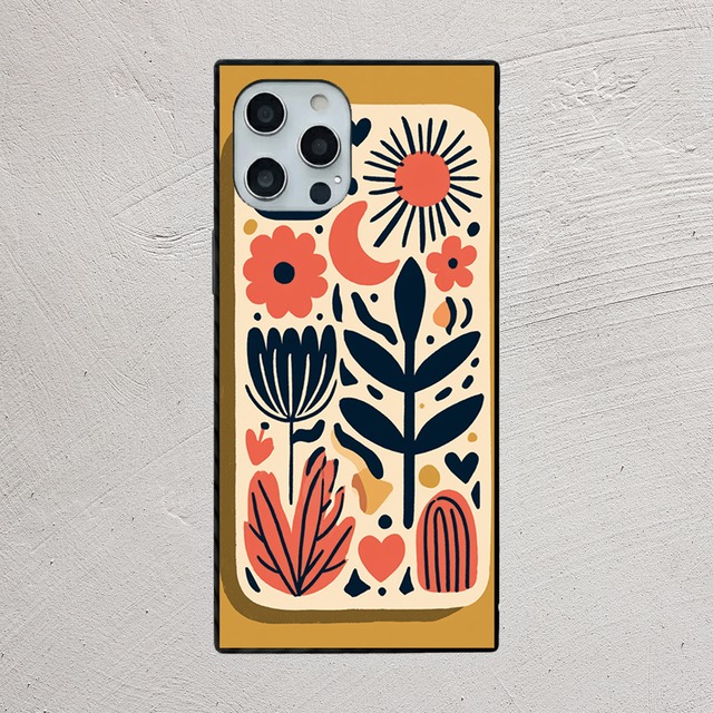 受注生産 iPhoneケース 赤い花と黒い葉の民芸柄｜花モチーフ FMSY055C