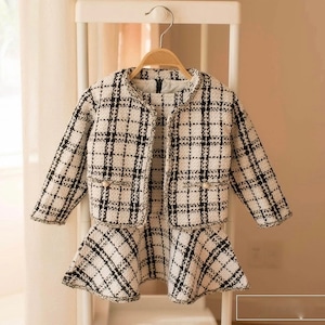 【outlet】【90cm】【ホワイト】全2色チェック柄ツイードジャケット+ワンピース2点セット