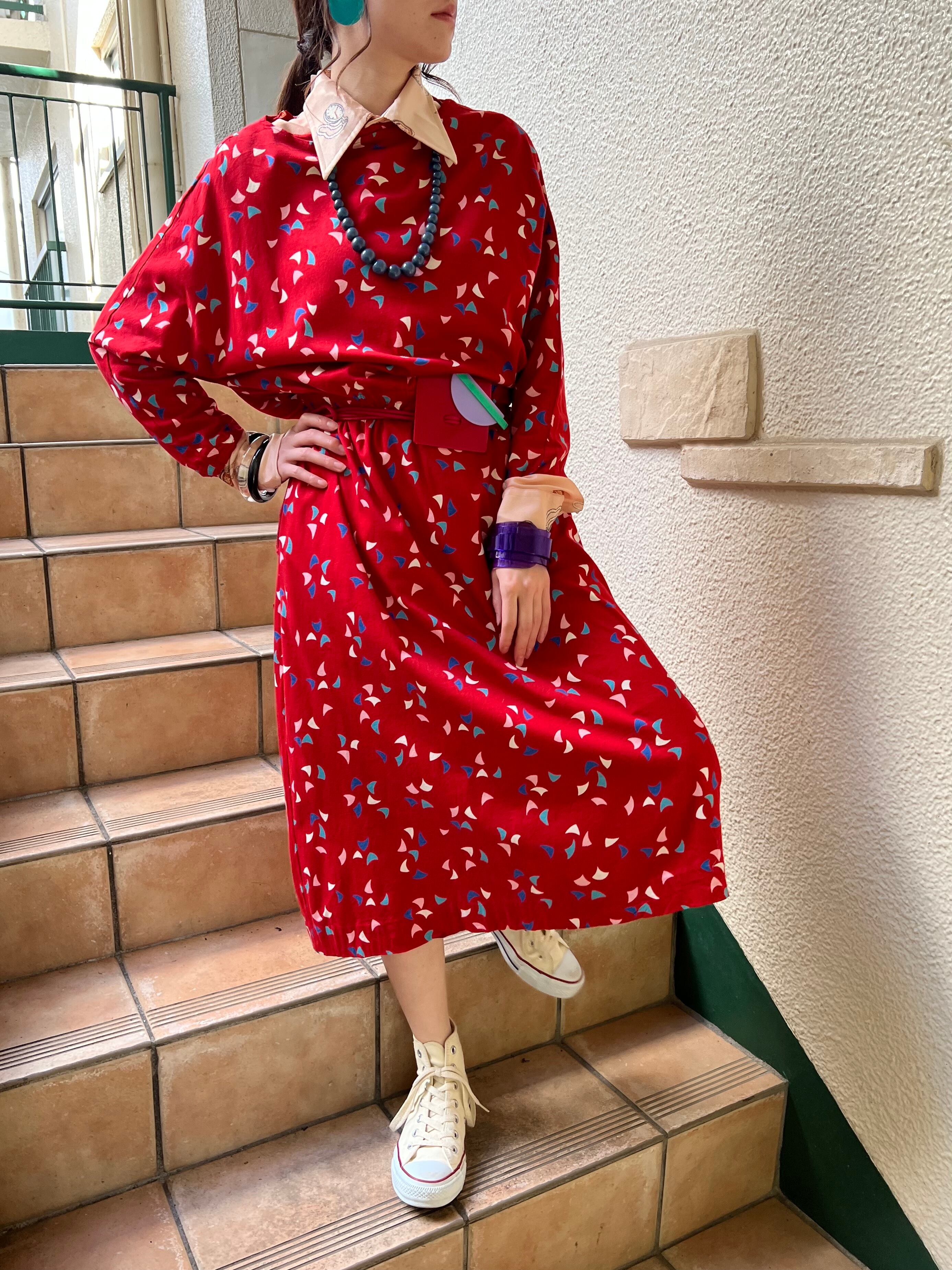 80s red × multicolored triangle × dolman sleeve cotton dress 