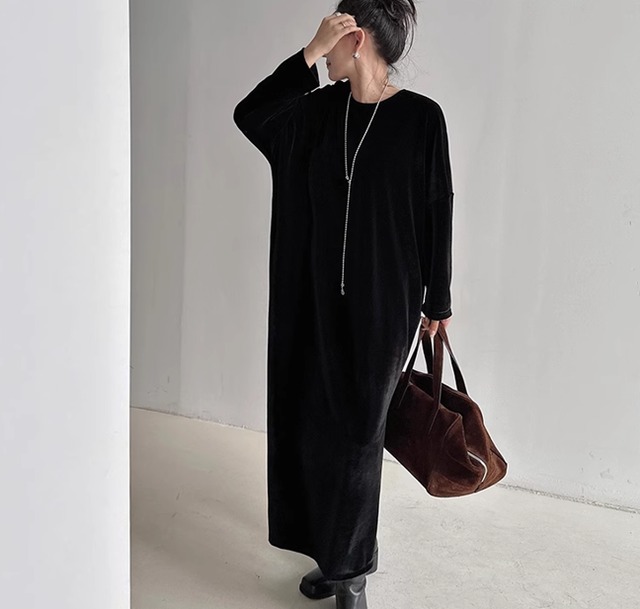 velvet side slit dress【2024012701】
