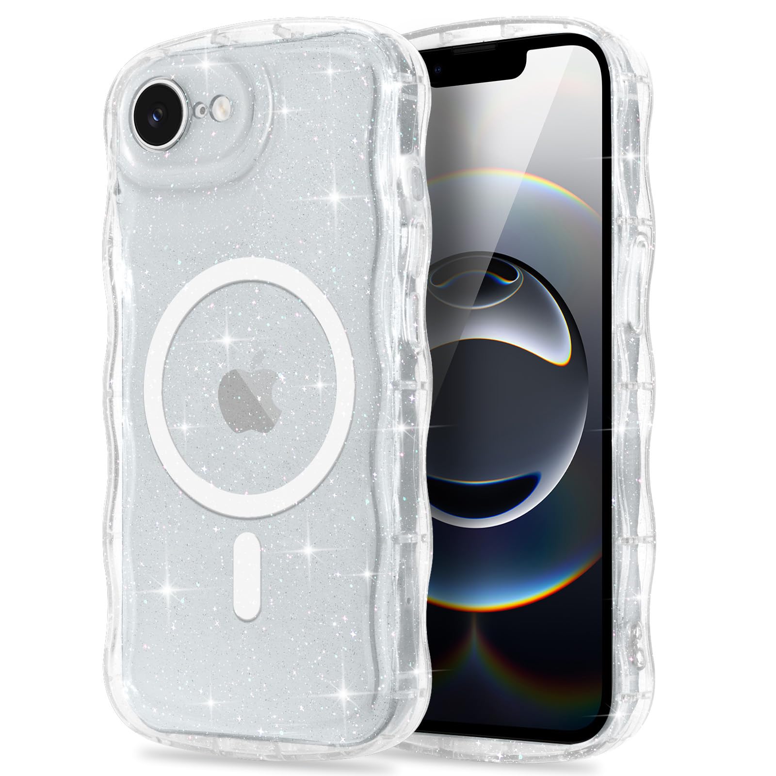 Pepmune iPhone 17e/iPhone 16e用 ケース MagSafe対応 キラキラ ラメ ウェーブ かわいい 半透明 カバー(クリア)