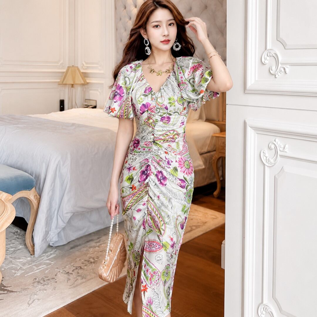 Draped Slit Midi Dress V3435