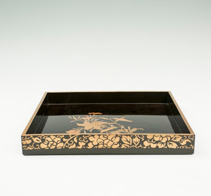 黒塗 草花蒔絵 撫子 百合 秋草 入れ子盆 廣蓋 二点組 四方盆 漆芸 木箱