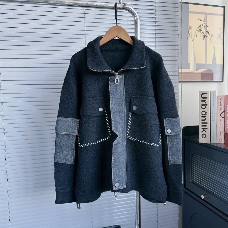 【outer】デニムドッキングニットコート Q6516