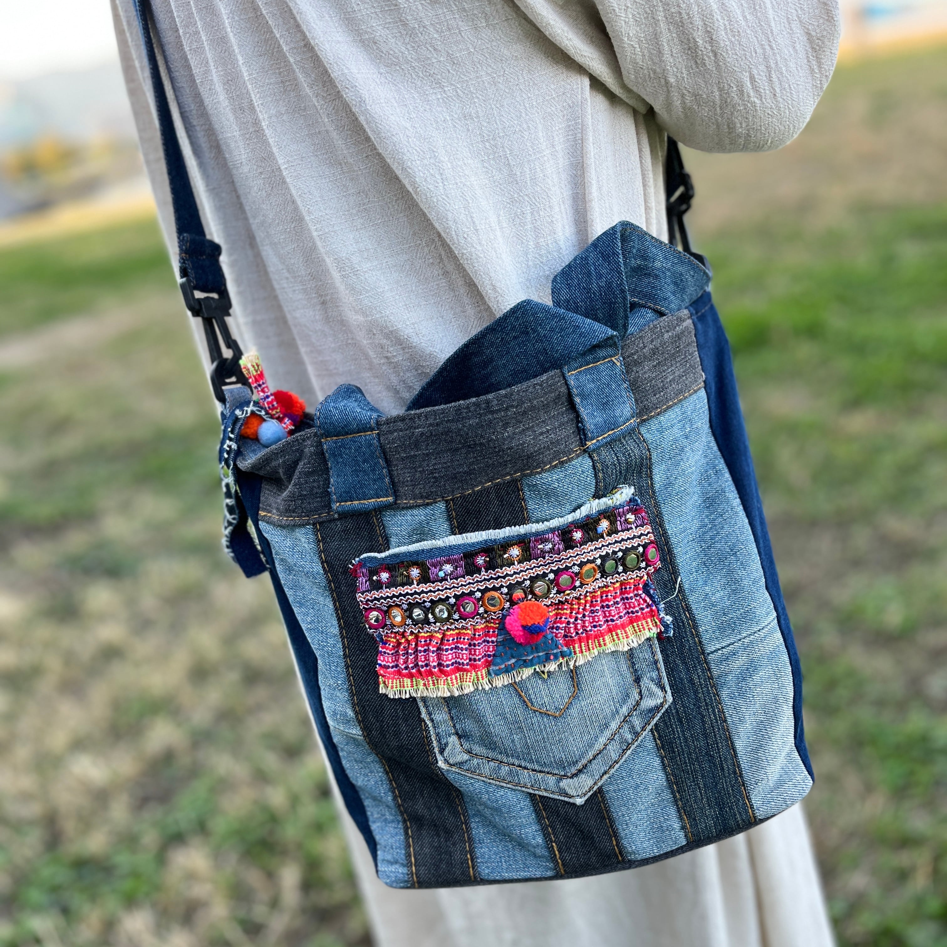 男女兼用、デニムリメイク、ショルダーベルト 