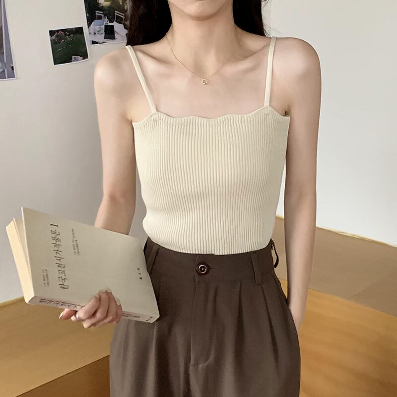 スタンダードニットノースリーブスリムクロップトップ トップス レトロ 萌量不足25790090408