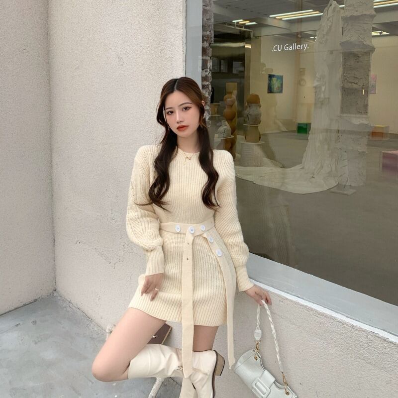 2020年新作レトロ気質薄手デザインセンスウエストベルトヒップニットセータードレス秋冬女性 ドラファッションホール27957811060