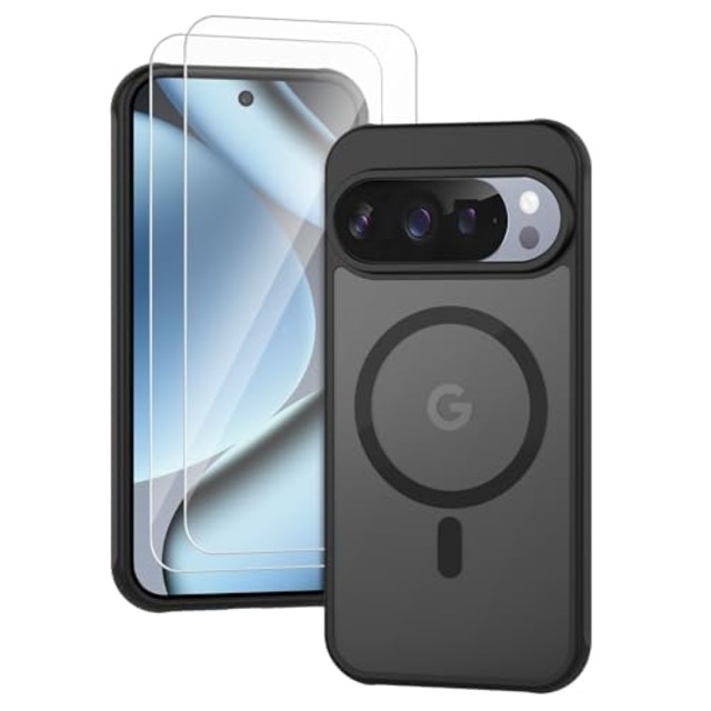 for Google Pixel 10/10 Pro携帯ケース［MagSafe互換］に適用し、ガラスフイルム付き（2枚) ワイヤレス充電をサポートし、防水、ダンパー、ストラップ穴、指紋防止、整理しやすく、黒