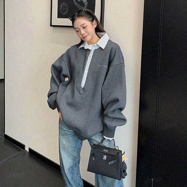 ★予約★D-924　2026新作♡ricecakeシャツドッキングデザインスウェット　ダークグレー