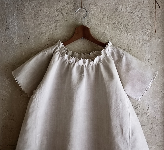 フランス 1900s リネン 灰色サーカスとピエロギャザーワンピースb アンティーク