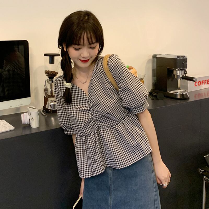 ブラック格子柄スリーブシャツ サマーVネックドレス 夏物 試着室55612554553