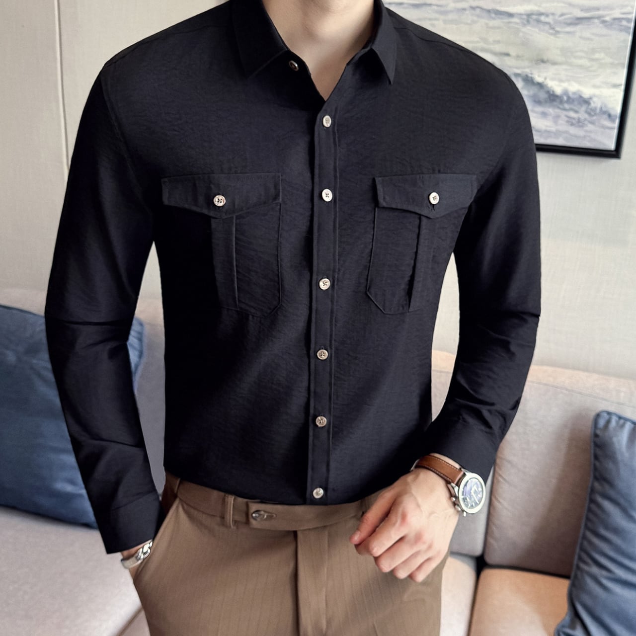 ダブルポケットデザイン スリム シャツ 3色 11355