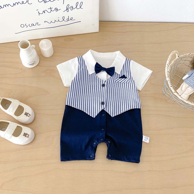 【BABY】ストライプベスト重ね着風半袖ロンパース - 7