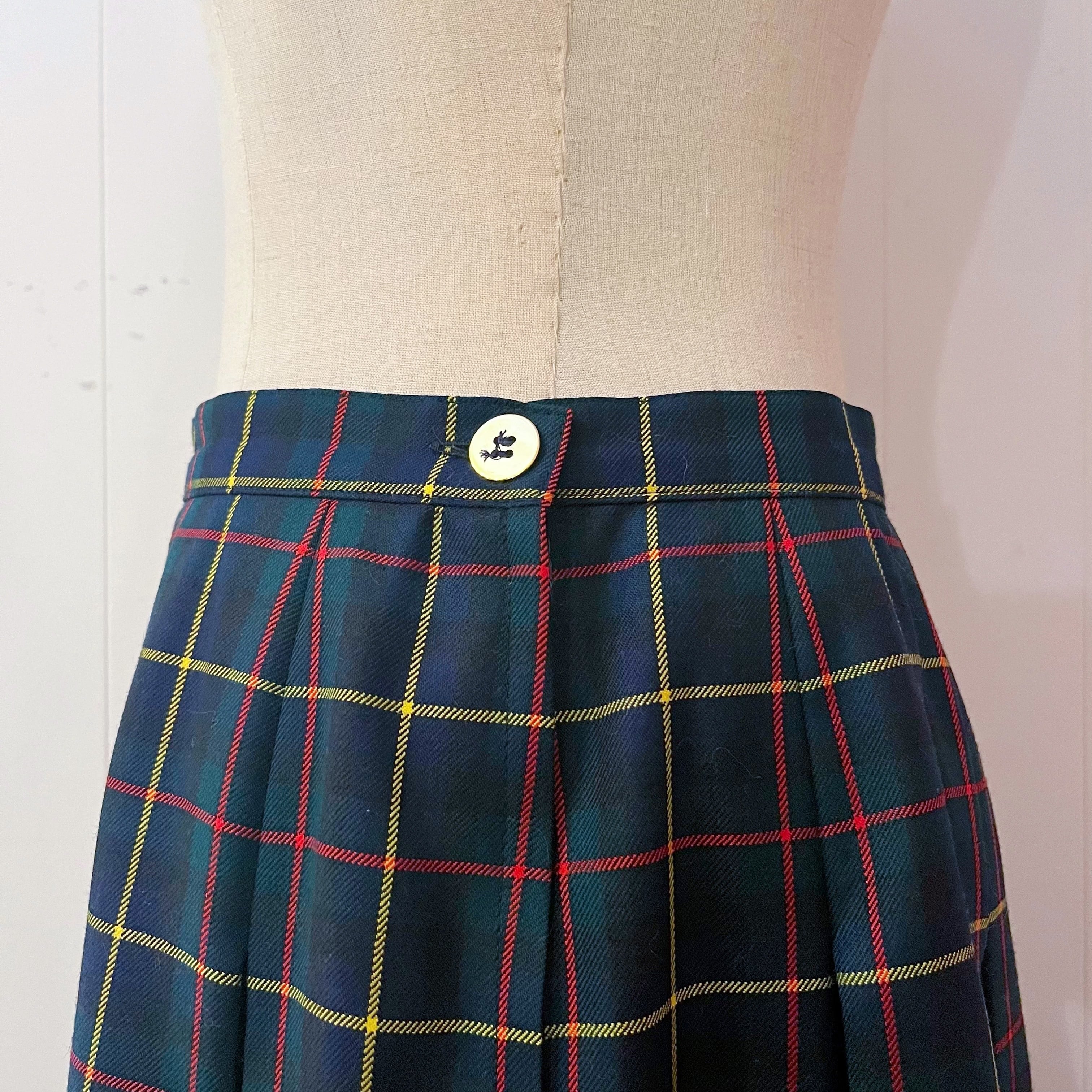green check gold button skirt