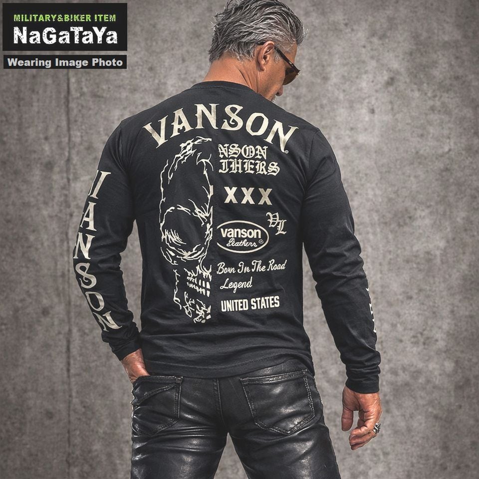 VANSON バンソン スカル ロゴプリント ドライロンTシャツ タイト