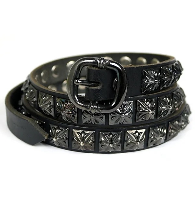 CHROME HEARTS クロムハーツ フルピラミッド スタッズ ナローベルト レザー メンズ ブラックロジウム 黒