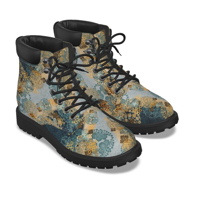 和紋様装飾　褐返月白色　和柄ユニセックスヴィーガンレザーブーツ