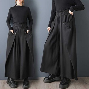 BLACK ELASTIC WAIST WIDE LEG DESIGN PANTS 1color M-15813