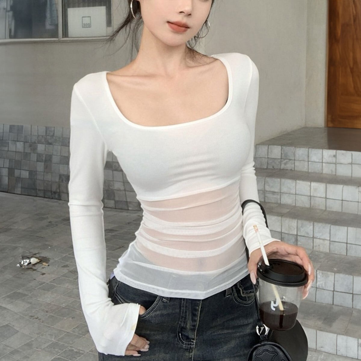 Tシャツ チュール切り替え 長袖 トップス レディース 春秋 韓国 透け感 きれいめ シアートップス おしゃれ 大人 カジュアル 重ね着 薄手 無地 大人可愛い 大人女子