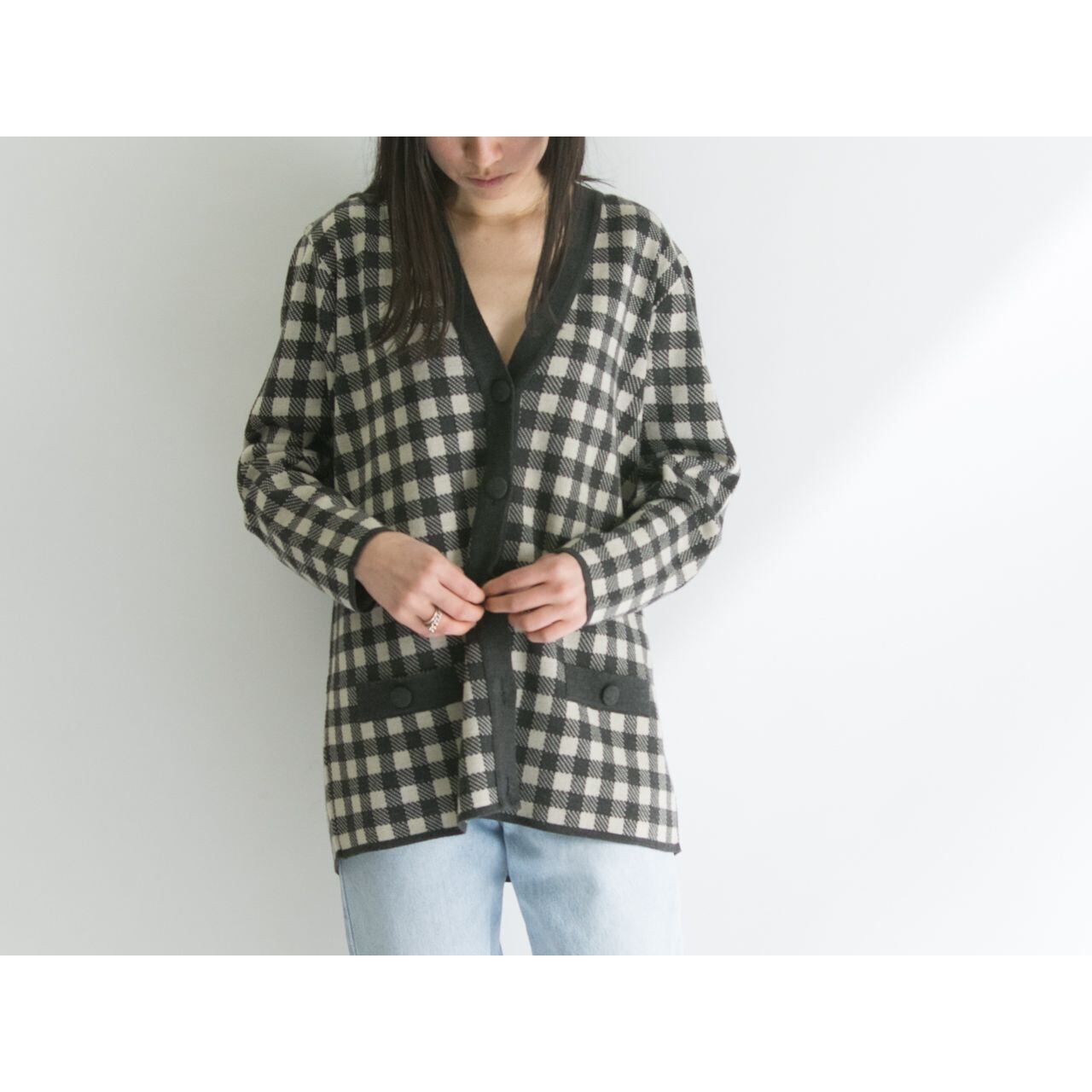 【Made in Italy】Oversized check pattern knit cardigan(イタリア製 オーバーサイズチェック柄ニットカーディガン)2b