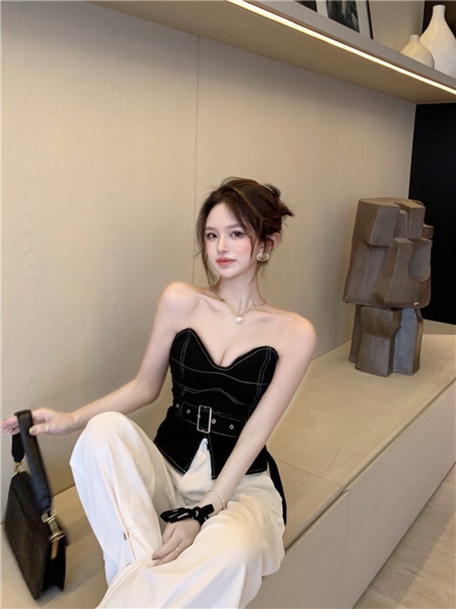 トップス ストラップレスサマーショートスリム 夏物 ブラックストロベリース21965075496