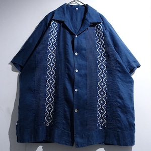 Navy Embroidered Design Linen Open Collar Shirt