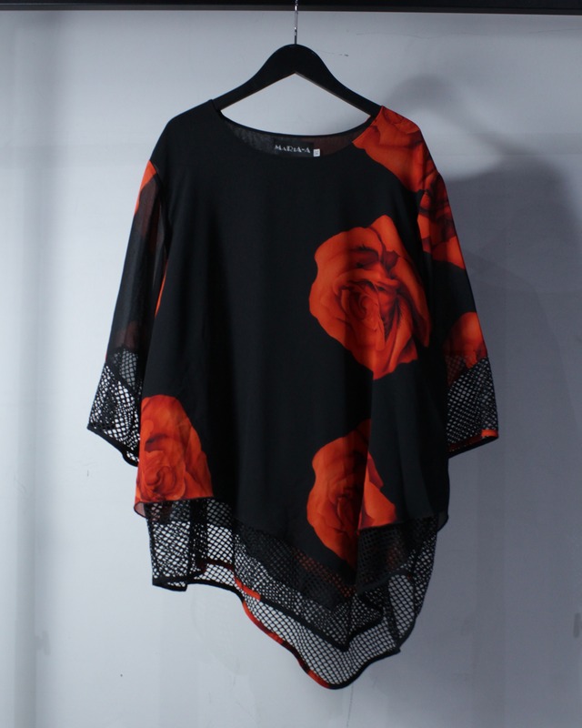 【Caka BLACK】Rose Pattern Mesh Layard Design L/S Pullover Shirt