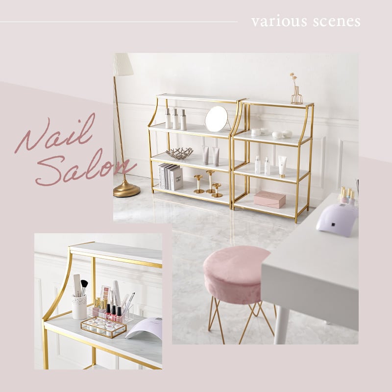 【組立式】大理石調オープンラック ディスプレイラック アジャスター付き インテリア ゴールドフレーム 幅91cm