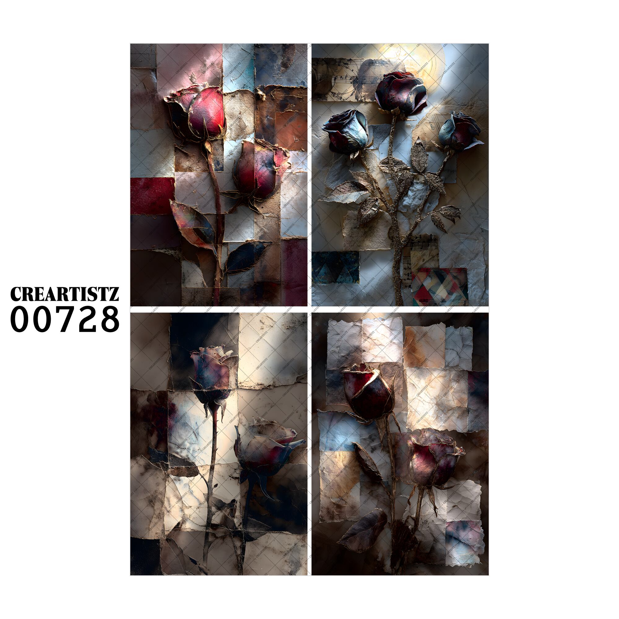 00728 背景 コラージュ素材 オリジナル 12枚セット (4種類×3枚) ペーパー/ステッカー CREARTISTZ