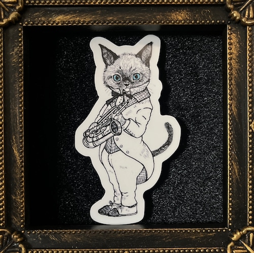 ミニホワイトステッカー　サックスのアンディ　「ミュージックキャット」